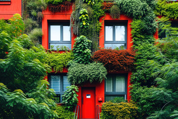Fototapeta na wymiar Fotografía de un edificio con fachada cubierta de plantas y vegetación, generado con IA