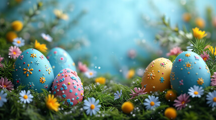 Fototapeta na wymiar Happy Easter greeting background with Easter eggs. Colorful easter eggs background with copy space area for text