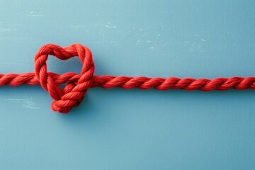 red horizontal cotton rope line with tied heart loop. Looks like medical line for heartbeat, light greyish blue background