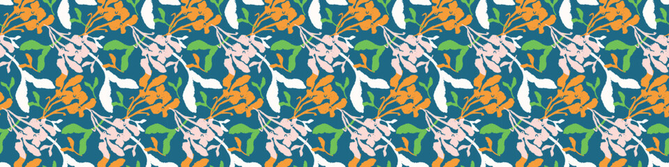 Trendy vector floral pattern with organic botanical shapes border. Modern bold summer flower print, ribbon design in scandi style.