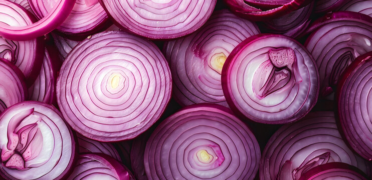 A close up of many onion slices. The onions are cut in half and arranged in a pattern
