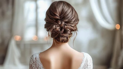 Fotobehang Elegant hairstyle of a young woman in a wedding dress. © Andrii