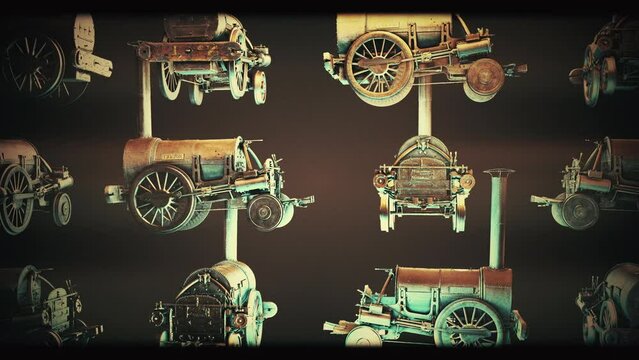 Creative Animation Of Historic Steam Locomotive Rotating On Brown Background. Historic Cartoon Animated Steam Train Abstract Art Background. Historic Vintage Steam Engine Movement Media Background