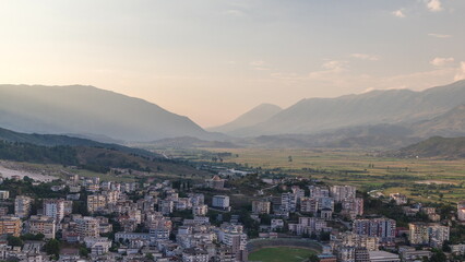 Gjirokastra city from the viewpoint of the fortress of the Ottoman castle of Gjirokaster sunset...