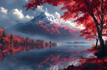 Colorful autumn season in Japan. Mount with morning fog and reflection at the lake. red trees - obrazy, fototapety, plakaty