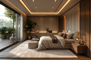 cozy bedroom in a modern apartment. Modern bedroom with a large bed and stylish lighting.