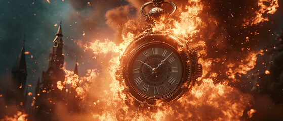  The clock consumed by flames. - obrazy, fototapety, plakaty
