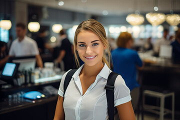 Smiling, young and attractive saleswoman, cashier serving customers
