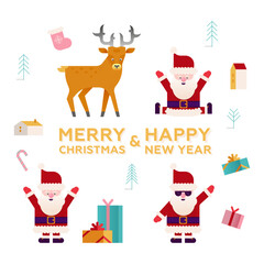 Set of Christmas Icons with Flat Cute Santa Claus and Deer. Happy New Year and Merry Christmas Stickers. Presents, Gifts, Christmas Tree, Buildings, Candy, Christmas Sock.