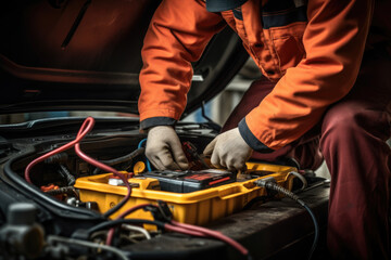 Fototapeta na wymiar Technician Hands of car mechanic working repair in auto repair Service electric battery and Maintenance of car battery. Check the electrical system inside
