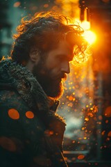 portrait of a bearded man against the background of the setting bright sun. vertical orientation