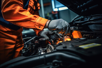 Technician Hands of car mechanic working repair in auto repair Service electric battery and Maintenance of car battery. Check the electrical system inside - obrazy, fototapety, plakaty