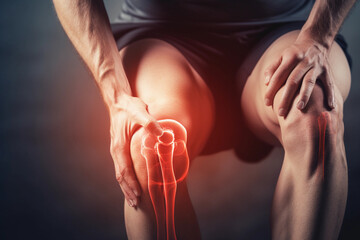 An athlete with discomfort in a knee injury with graphic pain Inflammation of the joint arthritis - obrazy, fototapety, plakaty