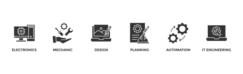 Engineering banner web icon glyph silhouette with icon of electronics, mechanic, design, planning, automation and it engineering	
