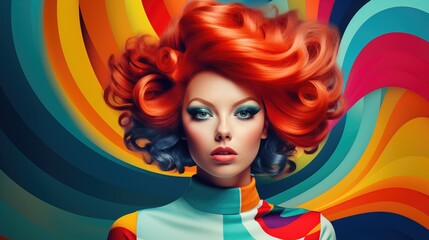 Bright pop art woman in style of 60th with orange hair on colorful background for beauty and hair...