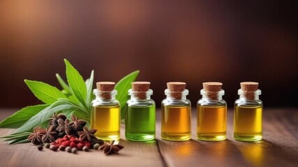 Essential oils in dark glass jars for spas