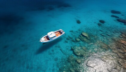 boat on the water. aerial view of a boat sailing in the crystal clear sea. Boat in ocean top view. crystal blue waters and boat. boat in water bird's eye view. summer boat
