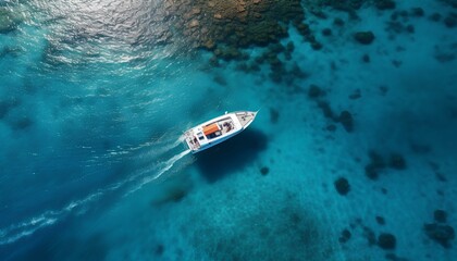 boat in the sea. boat on the water. aerial view of a boat sailing in the crystal clear sea. Boat in ocean top view. crystal blue waters and boat. boat in water bird's eye view. summer boat