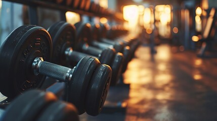 Fototapeta na wymiar Fitness gym health club room closeup of heavy free dumbbells weights banner panorama background. copy space for text.