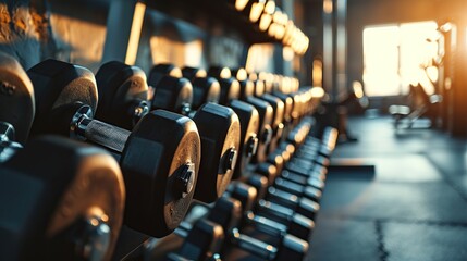 Fitness gym health club room closeup of heavy free dumbbells weights banner panorama background. copy space for text. - obrazy, fototapety, plakaty