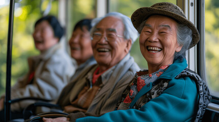 Joyful Senior Friends Laughing Together on Bus Ride