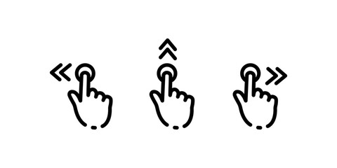 Hand cursor touch screen gestures icon set. Swipe to left right up icon set. Hand finger left, right, up. Vector on isolated white background.