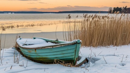 Fototapeta na wymiar A boat frozen in ice on a frozen pond in winter