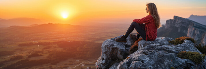 Young woman sitting on a ledge of a mountain and enjoying the beautiful sunset over a wide valley.	
 - obrazy, fototapety, plakaty