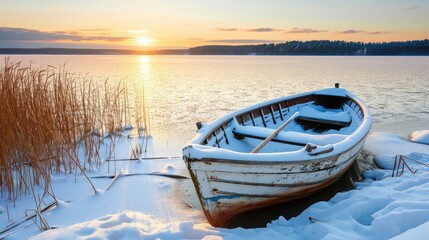 Fototapeta premium A boat frozen in ice on a frozen pond in winter