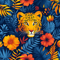 Tiger amidst vibrant flowers Seamless Pattern 