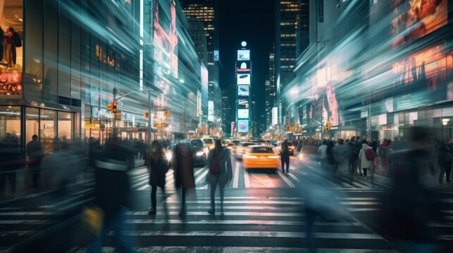 Dynamic urban pulse: time-lapse photography capturing the energetic flow of nightlife in a bustling cityscape