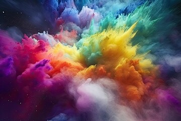Colorful powder explosion on backdrop. Holi inspired abstract closeup.
