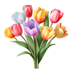Tulip Bouquet in Various Colors: Red, Pink, White, and Yellow Blooms with Green Leaves, Perfect for Spring or Easter Gifts