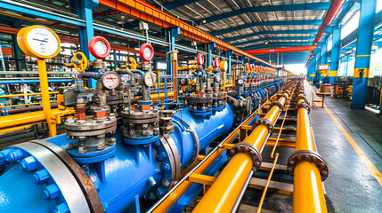 Industrial Steel and Metal Pipeline, Gas and Energy Power Plant Equipment with Blue Hues - obrazy, fototapety, plakaty