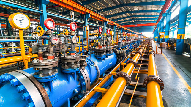 Industrial Steel and Metal Pipeline, Gas and Energy Power Plant Equipment with Blue Hues