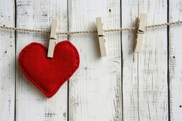 red heart hanging on clothesline on white wooden background