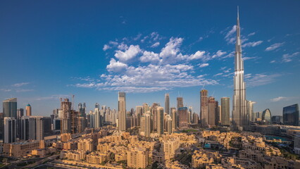 Dubai Downtown night to day timelapse with tallest skyscraper and other towers