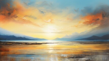 Fototapeta na wymiar Sunset over the ocean, sunset over the sea, painting, art on canvas