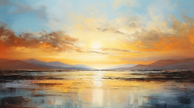 Sunset over the ocean, sunset over the sea, painting, art on canvas