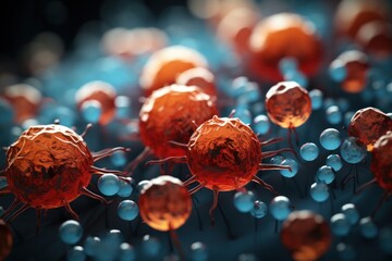 Microscopic view of influenza virus cells. 3d render illustration. The concept of blood laboratory testing