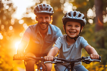 Sunset Bike Ride - close up Parent and Child Enjoying a Beautiful Evening Cycling Together