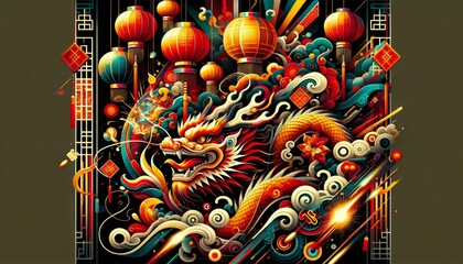 An abstract digital art piece combining traditional Chinese New Year elements like dragons, fireworks, and lanterns in a dynamic and contemporary composition with bold color transitions.