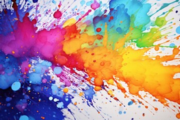 Vibrant ink splashes and paint splatters on white paper.