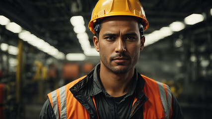 Portrait of Industry maintenance engineer man wearing uniform and safety hard hat on factory station. Generative AI - obrazy, fototapety, plakaty