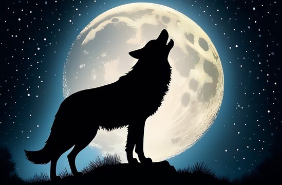The silhouette of a howling wolf against the background of the moon and the starry sky.