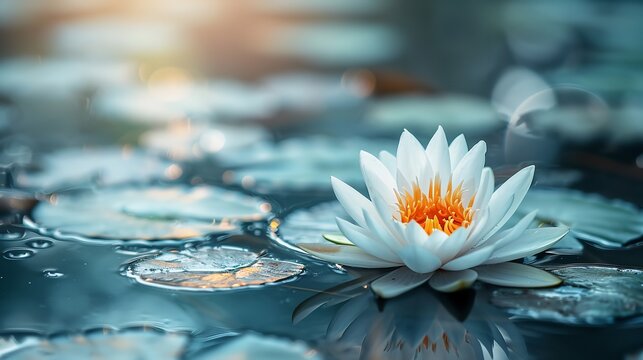 Dark blue water surface with a spectacular lotus with leaves that has been praised, space, Generative AI.