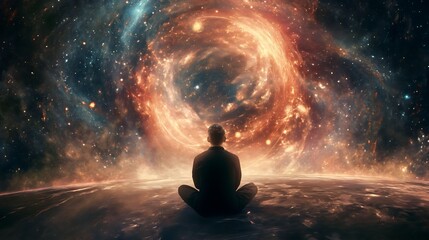 abstraction man sits and looks into a black hole of space, concept of self-knowledge