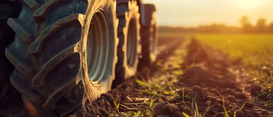 Fotobehang Golden Hour on the Farm: A Tractor Tire's Journey Through the Fertile Fields at Sunset © Alienmonster Images