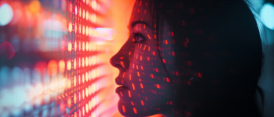 Captivating Portrait of a Woman Surrounded by a Dazzling Array of Digital Light Patterns