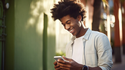 An young man with huge afro looking at the smartphone and laughing closeup.